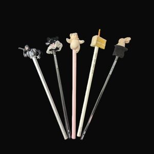 🥷🏼 Vtg. Cute Novelty Animal Themed Pencil Set Of 5 with Flocked Toppers